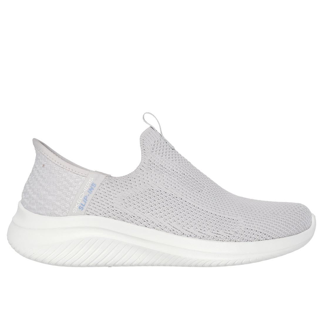 Skechers Ultra Flex 3.0 Easy Win Ladies Light Grey Slip-On Trainers with breathable knit upper and cushioned white sole.