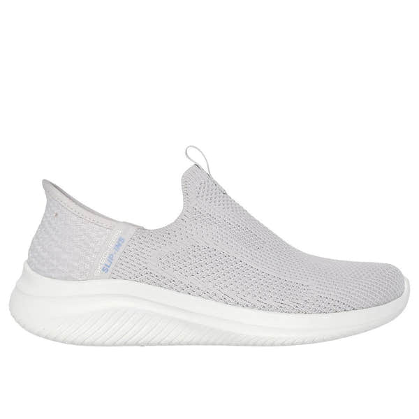 Skechers Ultra Flex 3.0 Easy Win Ladies Light Grey Slip-On Trainers with breathable knit upper and cushioned white sole.