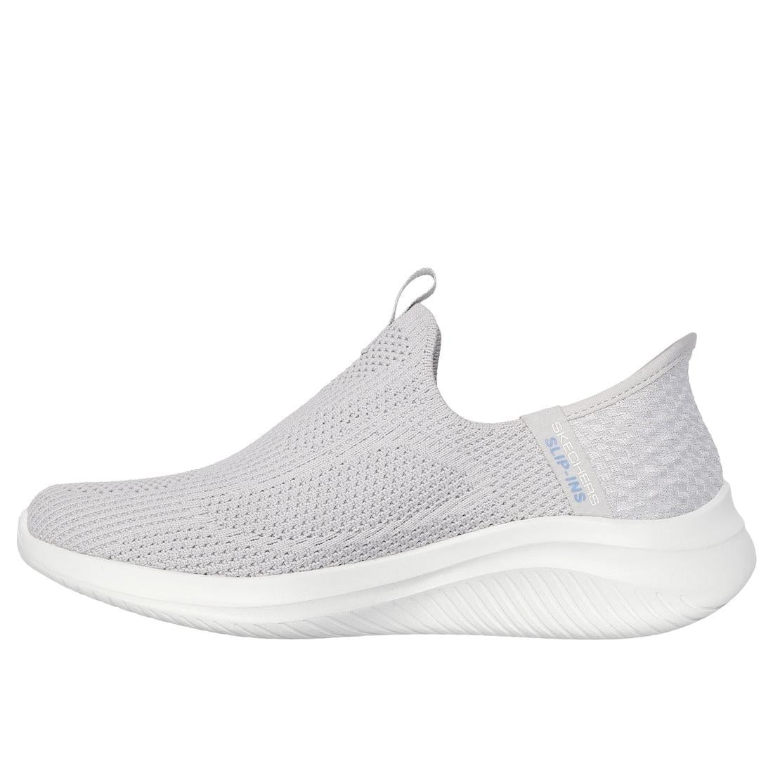 Skechers Ultra Flex 3.0 Easy Win women's light grey slip-on trainers with breathable textile upper and cushioned sole.