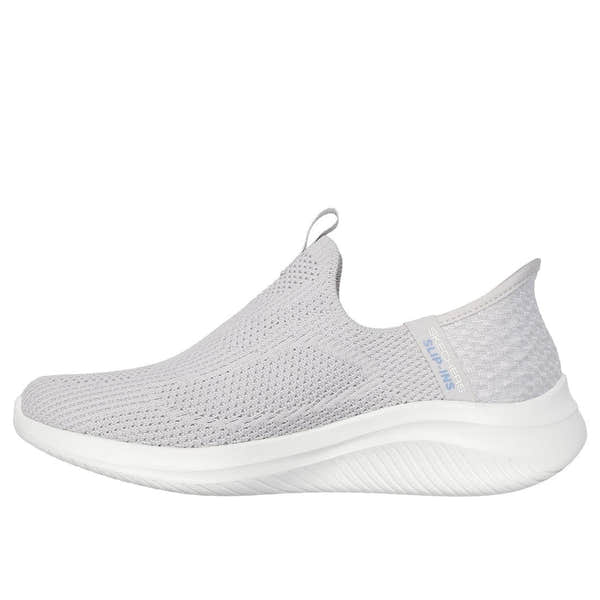 Skechers Ultra Flex 3.0 Easy Win women's light grey slip-on trainers with breathable textile upper and cushioned sole.
