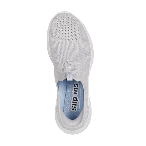 Skechers Ultra Flex 3.0 Easy Win ladies light grey textile slip-on trainers with breathable knit upper.