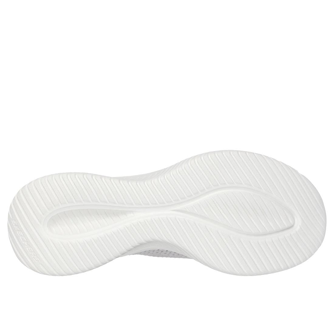Skechers Ultra Flex 3.0 Easy Win Ladies Light Grey Textile Slip-On Trainers with cushioned sole and flexible outsole.