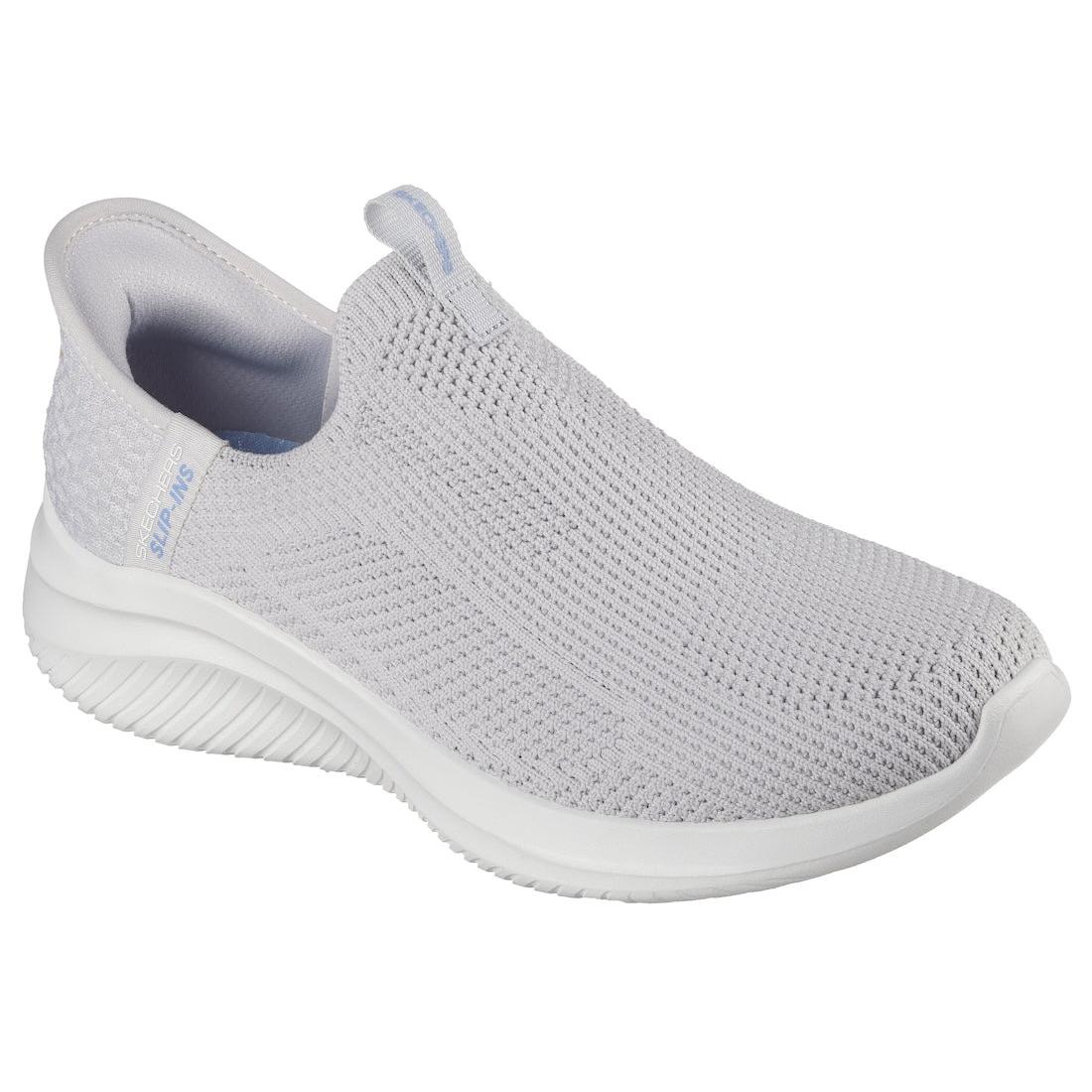Skechers Ultra Flex 3.0 Slip-On Ladies Light Grey Knit Trainers with cushioned sole and breathable fabric.
