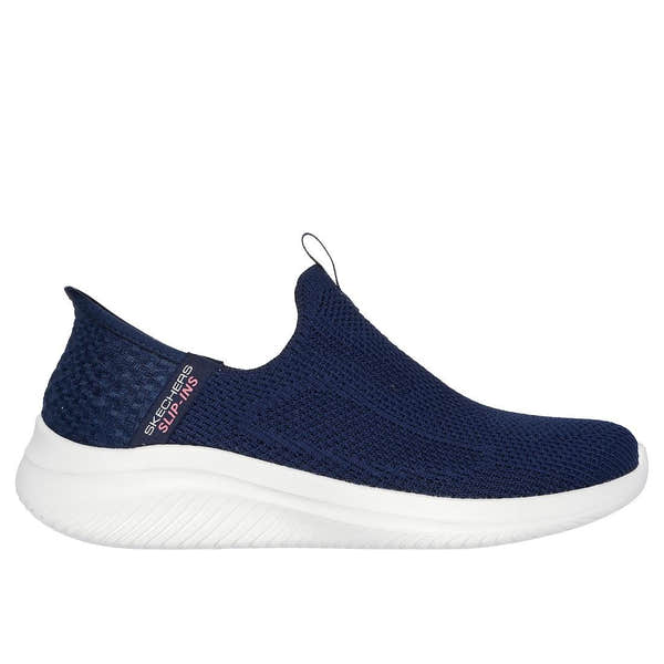 Skechers Ultra Flex 3.0 Easy Win ladies navy textile slip-on trainers with white cushioned sole.