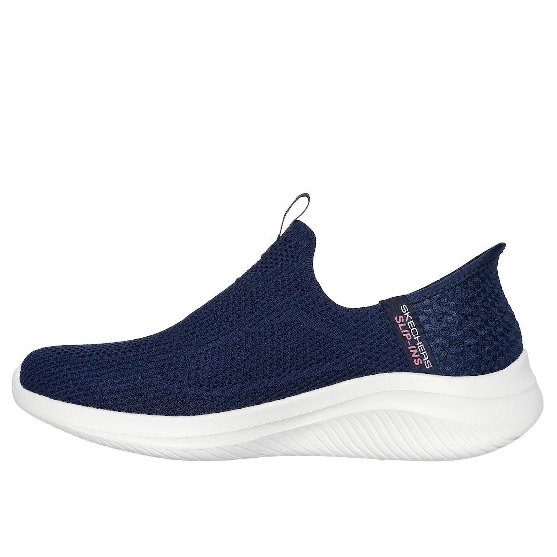 Skechers Ultra Flex 3.0 Easy Win ladies' navy slip-on trainers with breathable textile upper and cushioned white sole.