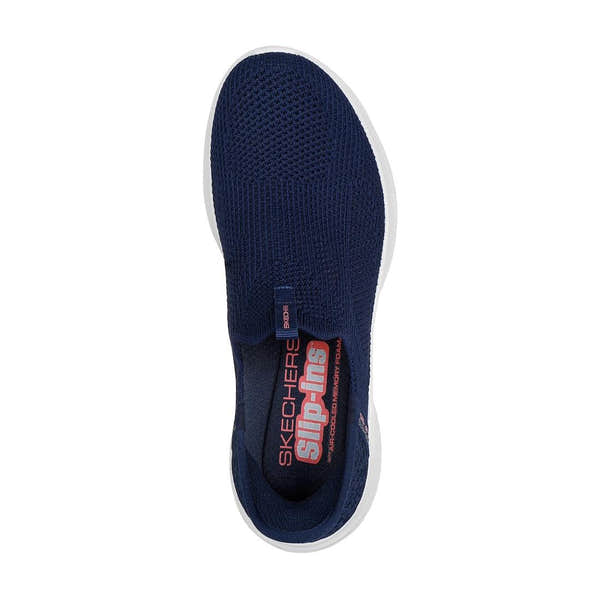 Skechers Ultra Flex 3.0 Easy Win ladies' navy slip-on trainers with knit textile upper and memory foam insoles.