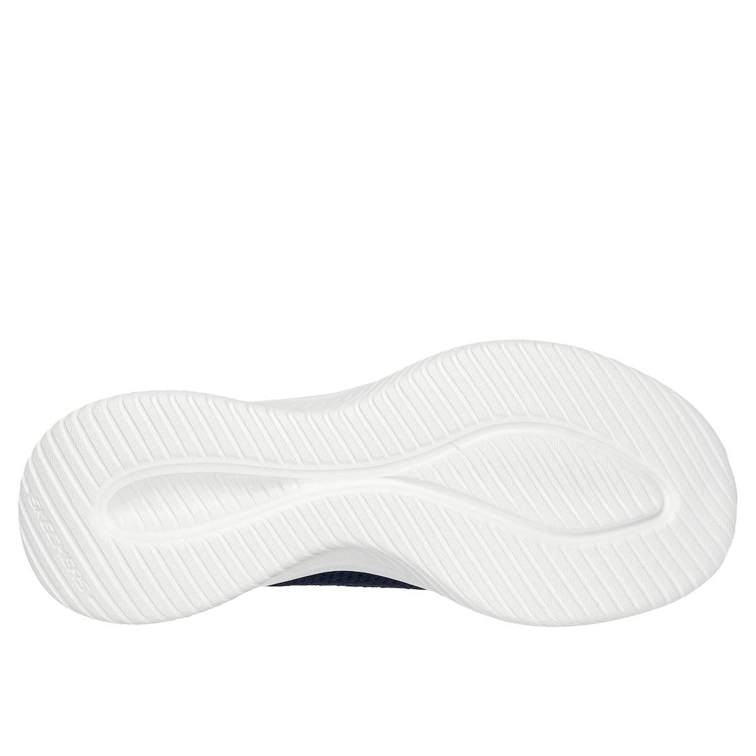 Skechers Ultra Flex 3.0 Easy Win Ladies Navy Textile Slip-On Trainers with white non-slip outsole.