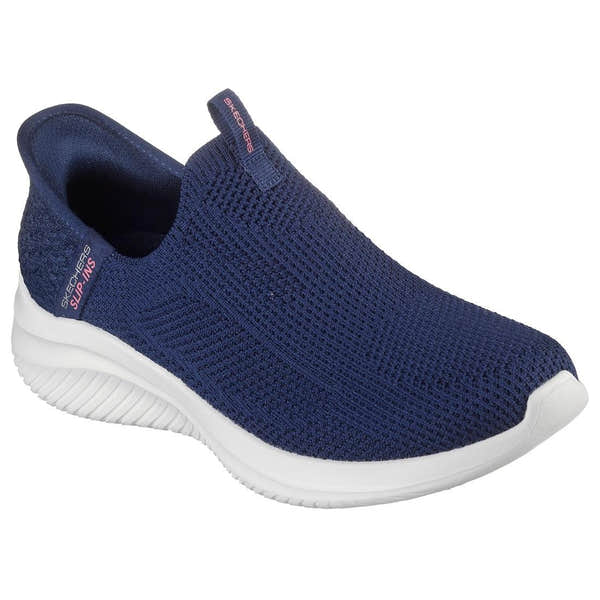 Skechers Ultra Flex 3.0 Easy Win women's navy slip-on trainers with breathable textile upper and white sporty sole.