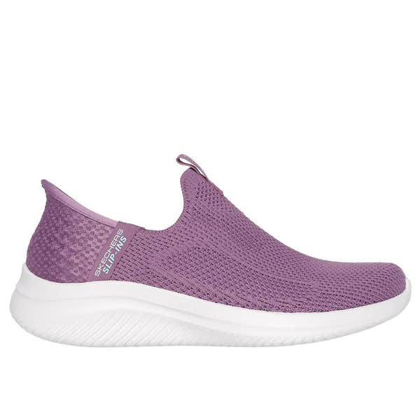 Skechers Ultra Flex 3.0 Easy Win ladies' purple slip-on trainers with breathable textile upper and cushioned white sole.