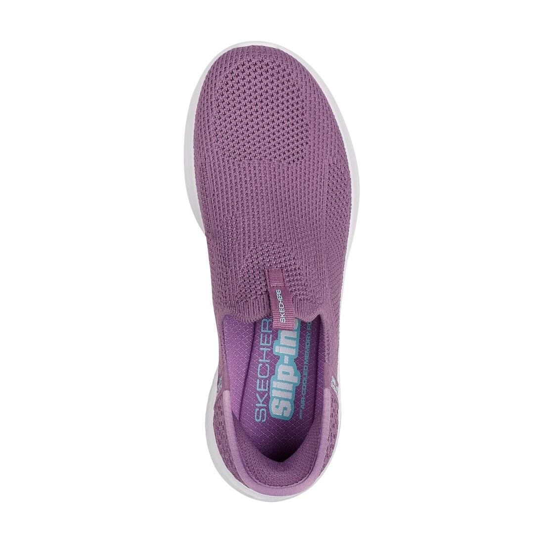 Skechers Ultra Flex 3.0 Easy Win women’s purple slip-on textile trainers with breathable knit upper and supportive sole.