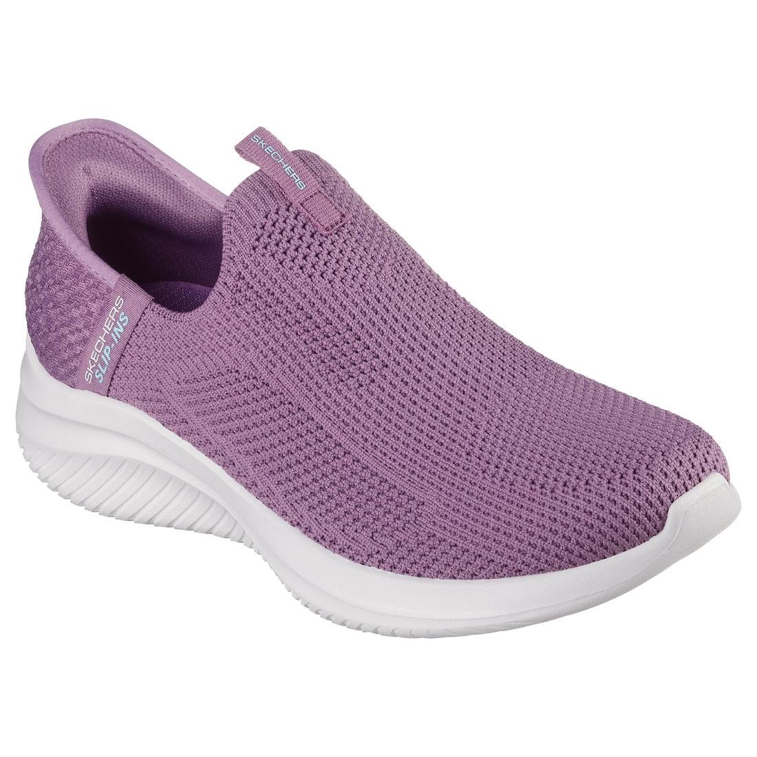 Skechers Ultra Flex 3.0 slip-on trainers for women, purple textile with white sole, easy wear, lightweight, casual athletic shoes.