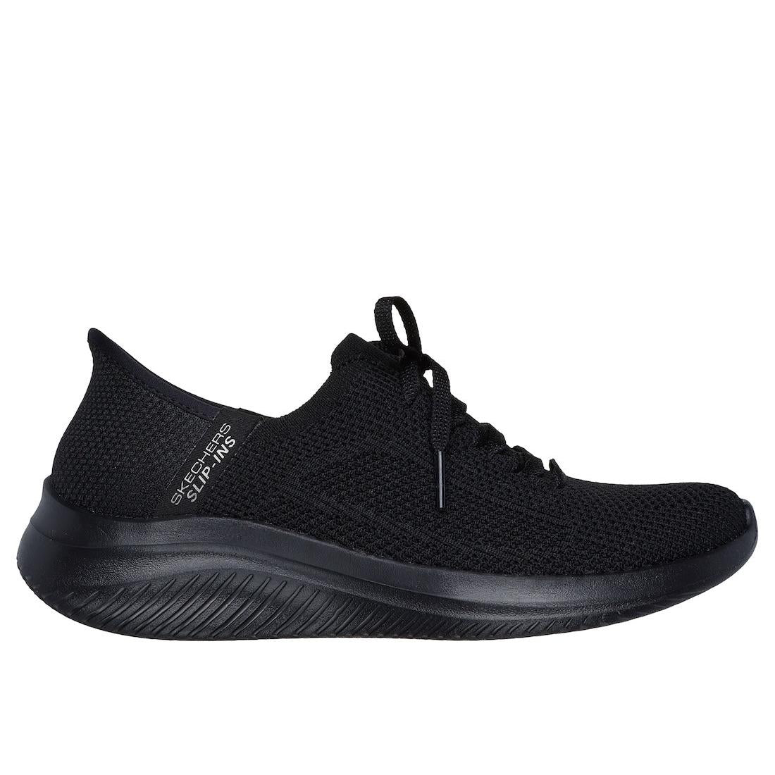 Skechers Ultra Flex 3.0 Elevated Motion Ladies Black Textured Knit Lace-Up Trainers.