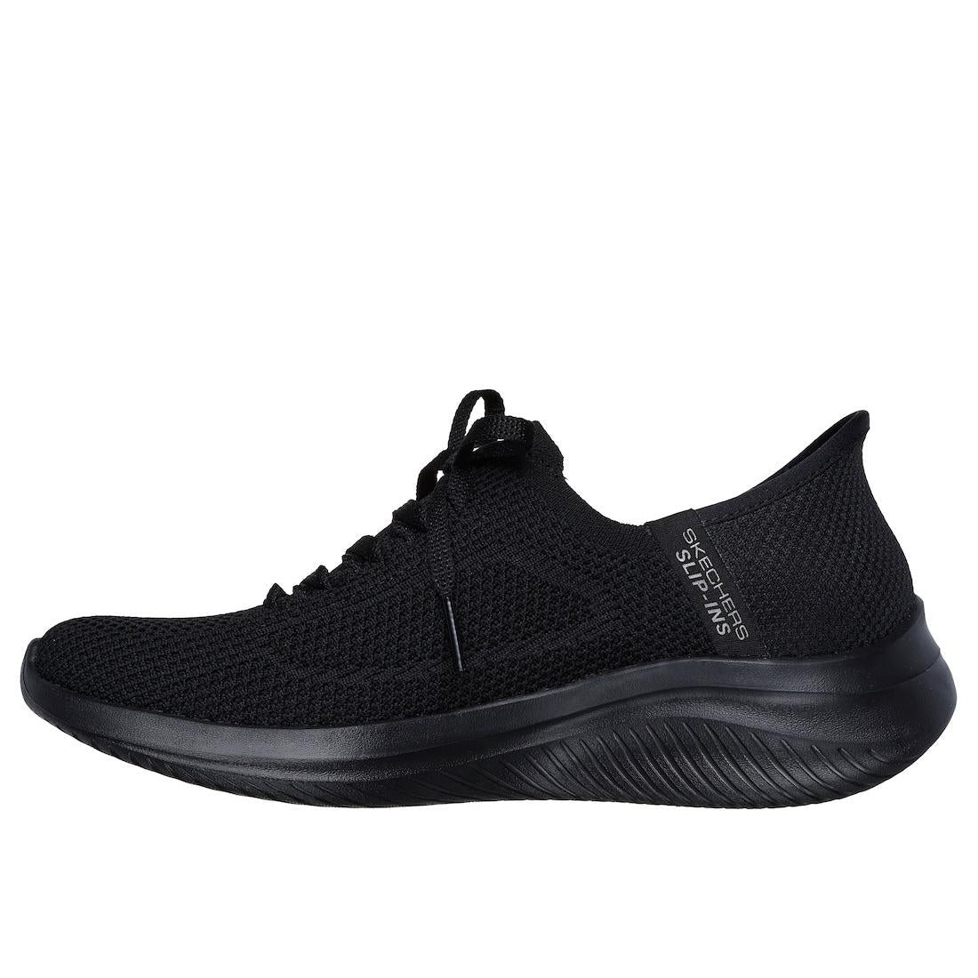 Skechers Ultra Flex 3.0 Elevate Motion women's black textile lace-up sneakers with cushioned sole and breathable upper.
