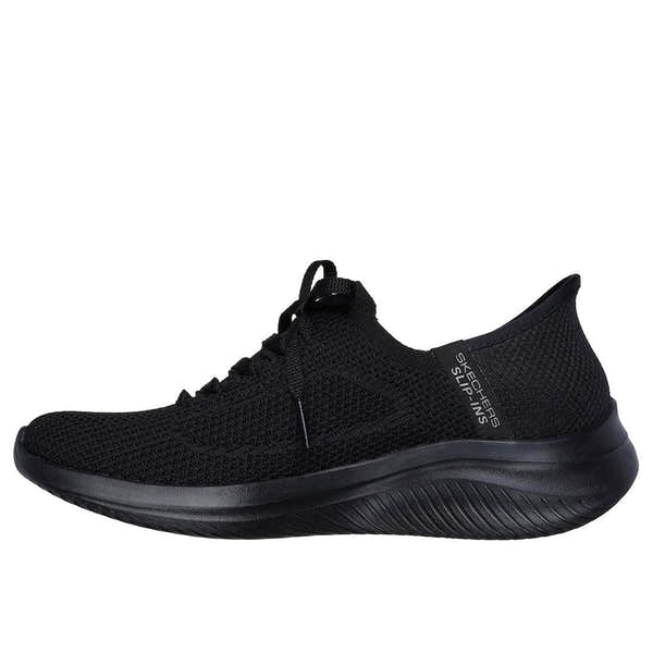 Skechers Ultra Flex 3.0 Elevate Motion women's black textile lace-up sneakers with cushioned sole and breathable upper.