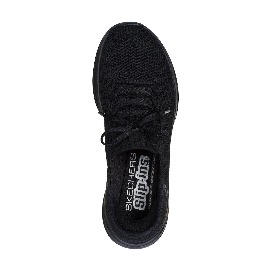 Skechers Ultra Flex 3.0 Ladies black textile lace-up trainers with elevated motion and cushioned insole.