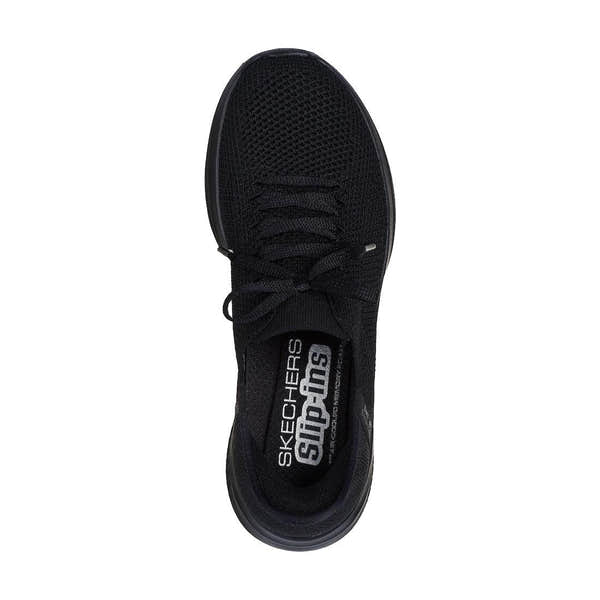 Skechers Ultra Flex 3.0 Ladies black textile lace-up trainers with elevated motion and cushioned insole.