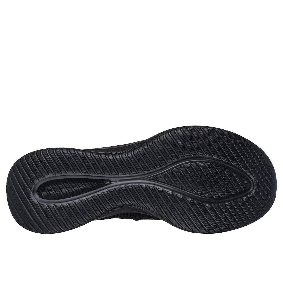 Skechers Ultra Flex 3.0 Ladies black textile lace-up trainers with cushioned sole and textured outsole.