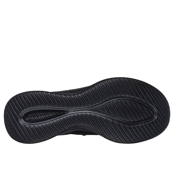 Skechers Ultra Flex 3.0 Ladies black textile lace-up trainers with cushioned sole and textured outsole.