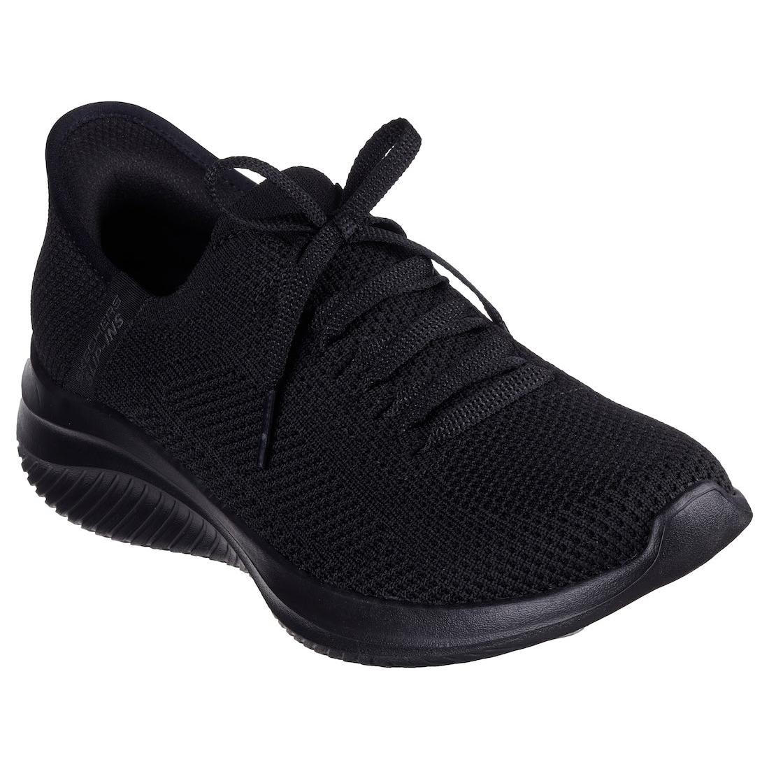 Skechers Ultra Flex 3.0 Elevated Motion ladies' black textile lace-up trainers with cushioned sole and sporty design.