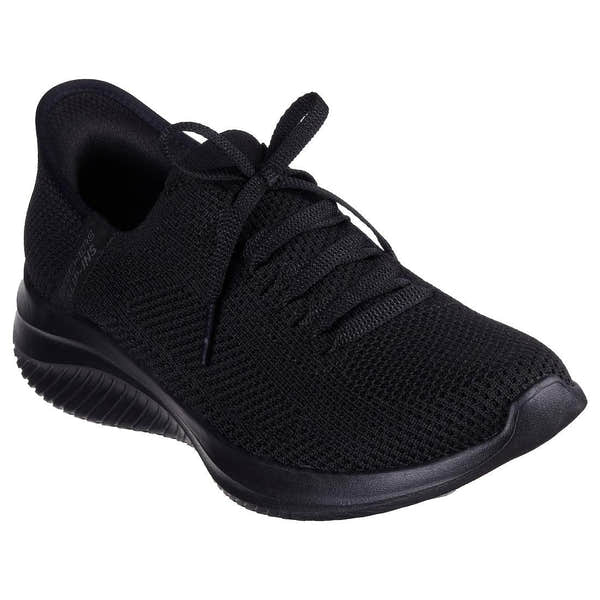 Skechers Ultra Flex 3.0 Elevated Motion ladies' black textile lace-up trainers with cushioned sole and sporty design.