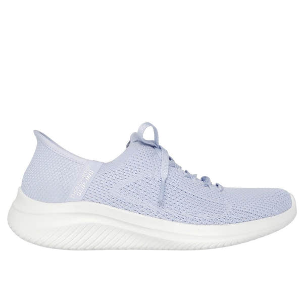 Skechers Ultra Flex 3.0 Light Blue Textile Lace-Up Running Shoes for Ladies, Elevated Motion, breathable knit upper, cushioned sole.