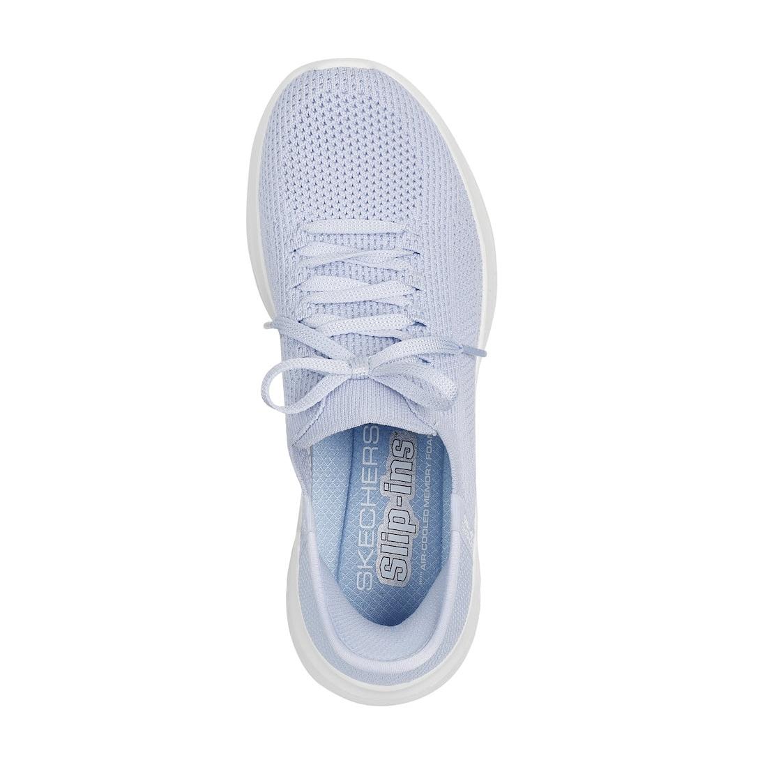 Light blue Skechers Ultra Flex 3.0 ladies' textile lace-up trainers with breathable mesh upper and cushioned insole.
