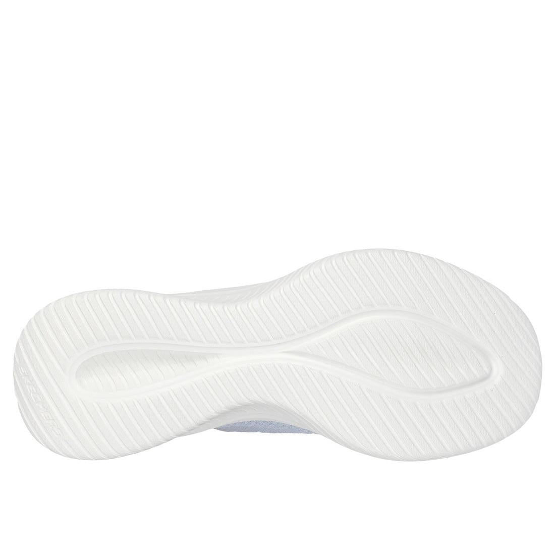 Skechers Ultra Flex 3.0 Light Blue Textile Ladies Lace-Up Trainers with cushioned sole and elevated motion design.