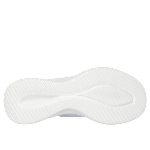 Skechers Ultra Flex 3.0 Light Blue Textile Ladies Lace-Up Trainers with cushioned sole and elevated motion design.