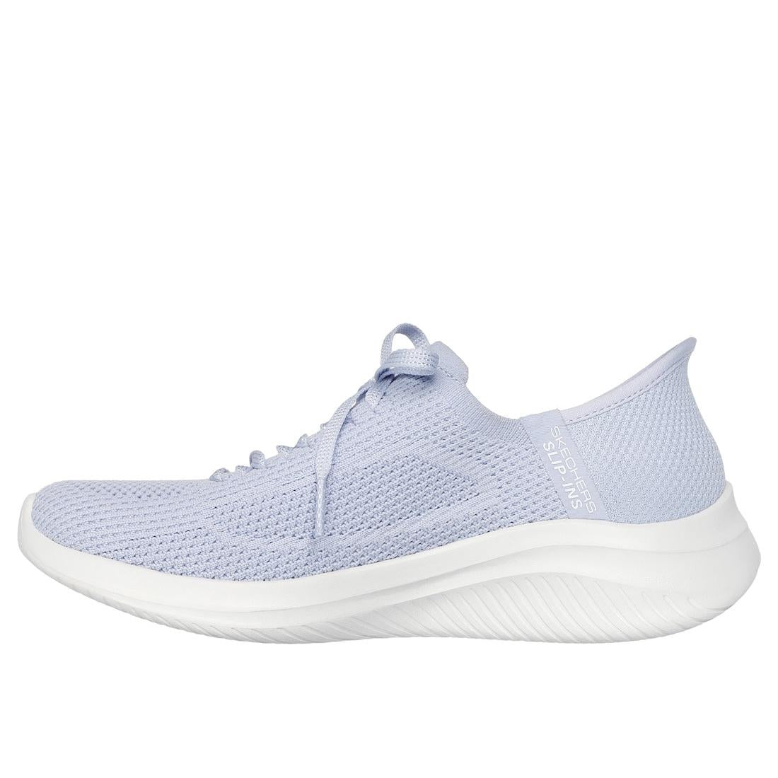 Light blue Skechers Ultra Flex 3.0 ladies' knit lace-up trainers with cushioned sole and breathable textile upper.