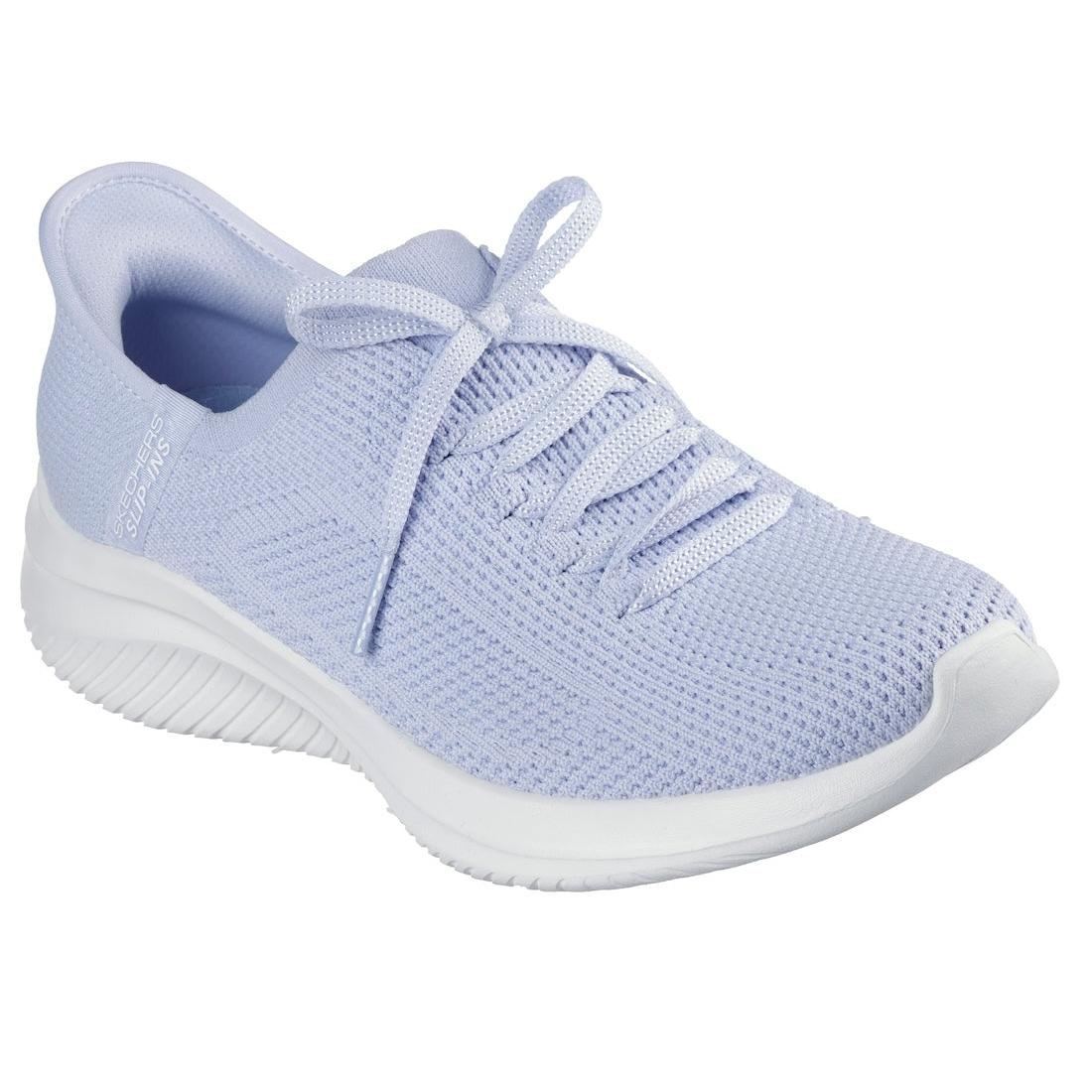 Skechers Ultra Flex 3.0 Light Blue Textile Lace-Up Trainers for Ladies with Elevated Motion and cushioned sole.