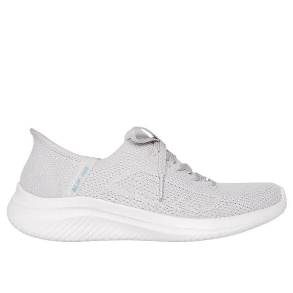 Skechers Ultra Flex 3.0 Light Grey Ladies Athletic Lace-Up Trainers with breathable mesh upper and cushioned sole.