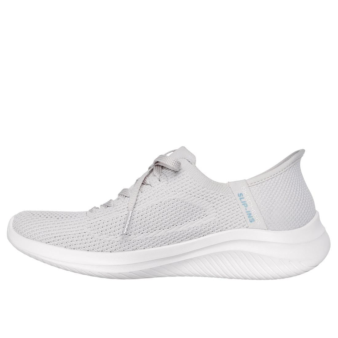 Skechers Ultra Flex 3.0 ladies light grey mesh lace-up trainers, breathable sneaker with cushioned sole and elevated motion design.