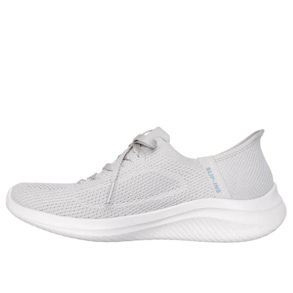 Skechers Ultra Flex 3.0 ladies light grey mesh lace-up trainers, breathable sneaker with cushioned sole and elevated motion design.