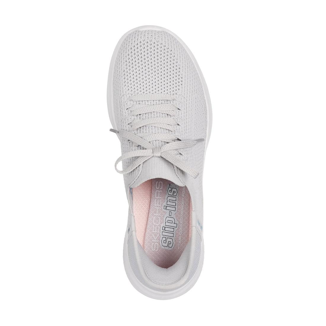 Skechers Ultra Flex 3.0 Light Grey Ladies Lace-Up Trainers with breathable textile upper and cushioned sole.