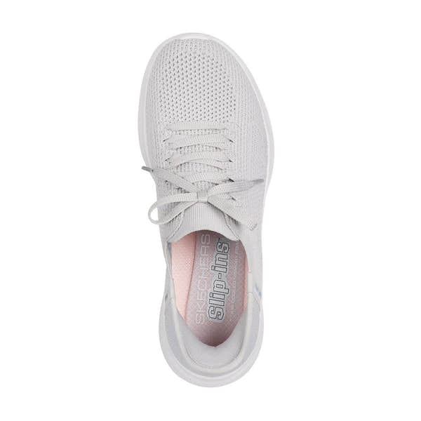Skechers Ultra Flex 3.0 Light Grey Ladies Lace-Up Trainers with breathable textile upper and cushioned sole.