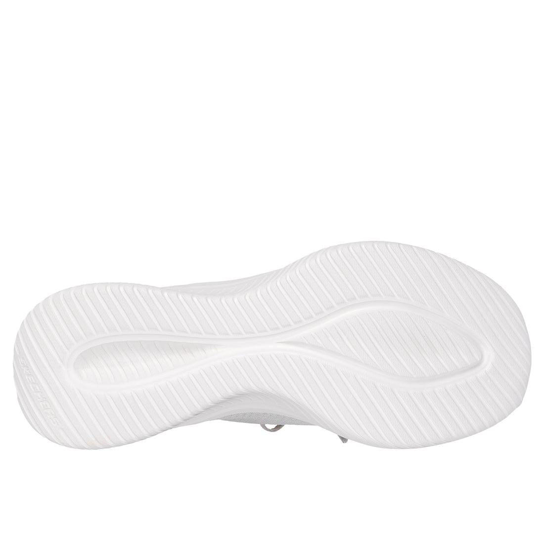 Skechers Ultra Flex 3.0 ladies light grey textile lace-up trainers with cushioned sole and elevated motion design.