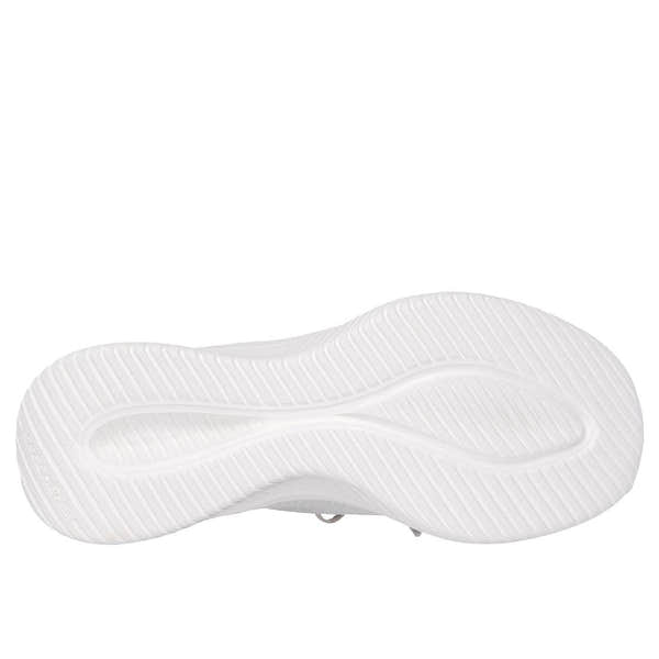 Skechers Ultra Flex 3.0 ladies light grey textile lace-up trainers with cushioned sole and elevated motion design.