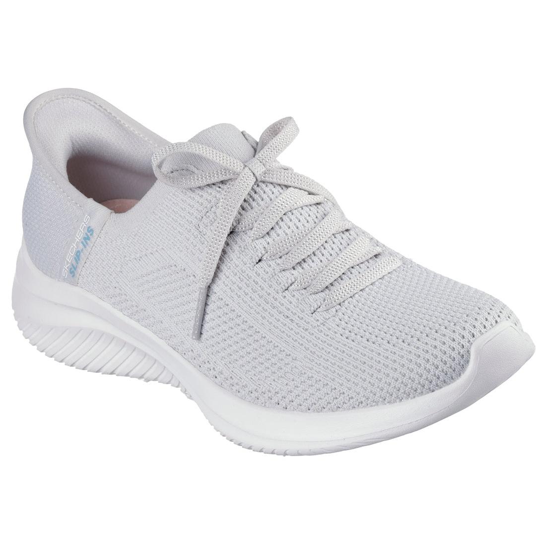 Light grey Skechers Ultra Flex 3.0 Lace-Up Ladies' Trainers with breathable mesh upper and cushioned sole.