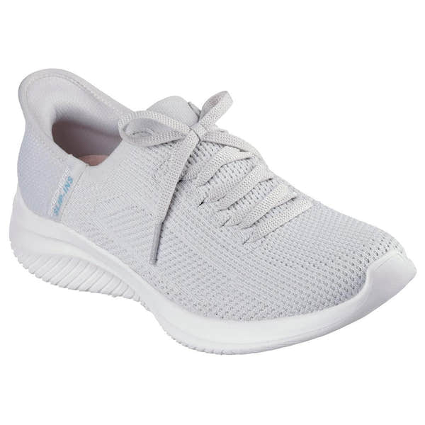 Light grey Skechers Ultra Flex 3.0 Lace-Up Ladies' Trainers with breathable mesh upper and cushioned sole.