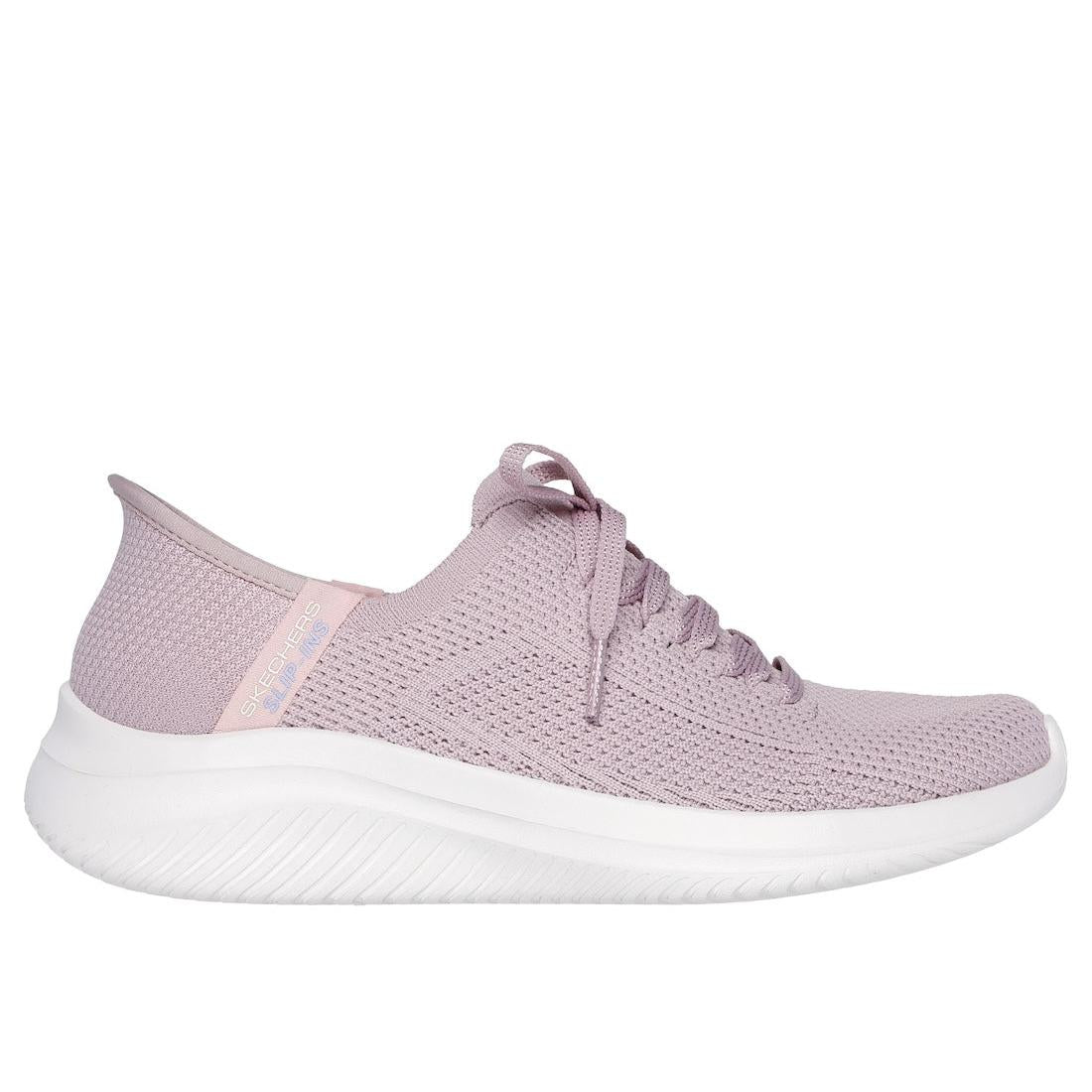 Skechers Ultra Flex 3.0 Ladies Light Mauve Textile Lace-Up Trainers with cushioned sole and breathable knit upper.