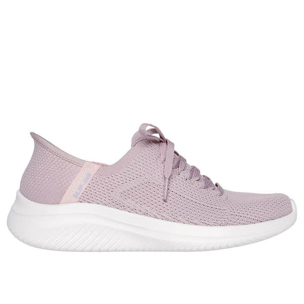 Skechers Ultra Flex 3.0 Ladies Light Mauve Textile Lace-Up Trainers with cushioned sole and breathable knit upper.