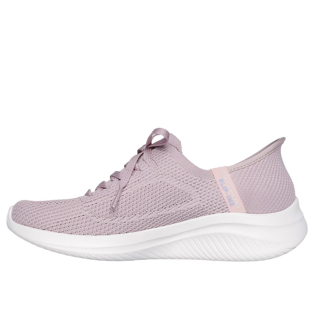 Skechers Ultra Flex 3.0 Ladies Light Mauve Textile Lace-Up Trainers with cushioned sole and breathable knit upper.