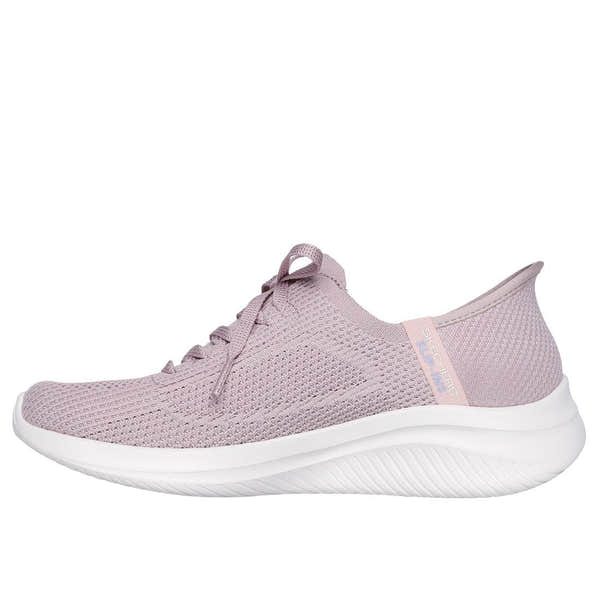 Skechers Ultra Flex 3.0 Ladies Light Mauve Textile Lace-Up Trainers with cushioned sole and breathable knit upper.