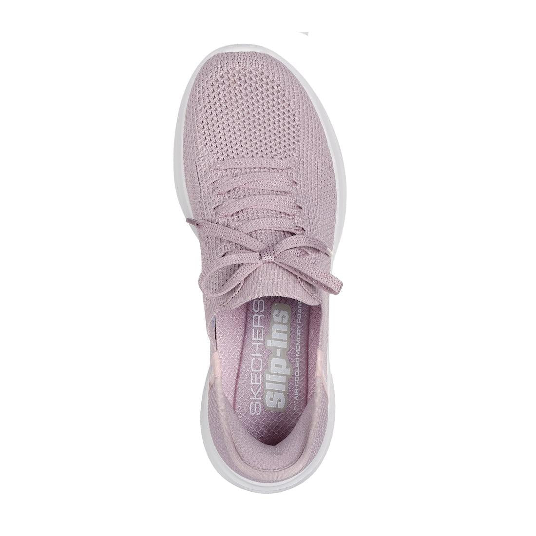 Skechers Ultra Flex 3.0 Elevated Motion ladies light mauve textile lace-up trainers with cushioned insole.