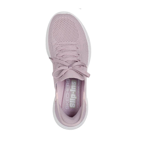 Skechers Ultra Flex 3.0 Elevated Motion ladies light mauve textile lace-up trainers with cushioned insole.