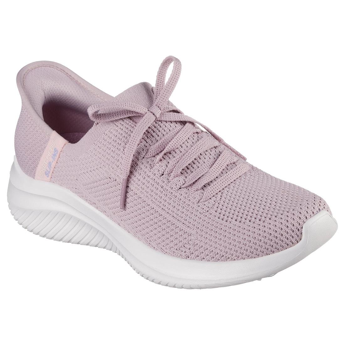 Skechers Ultra Flex 3.0 Elevated Motion Ladies light mauve textile lace-up trainers with cushioned sole.