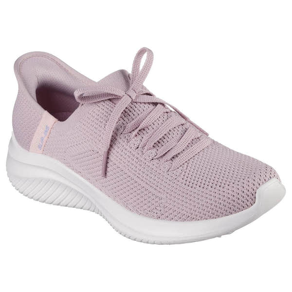 Skechers Ultra Flex 3.0 Elevated Motion Ladies light mauve textile lace-up trainers with cushioned sole.
