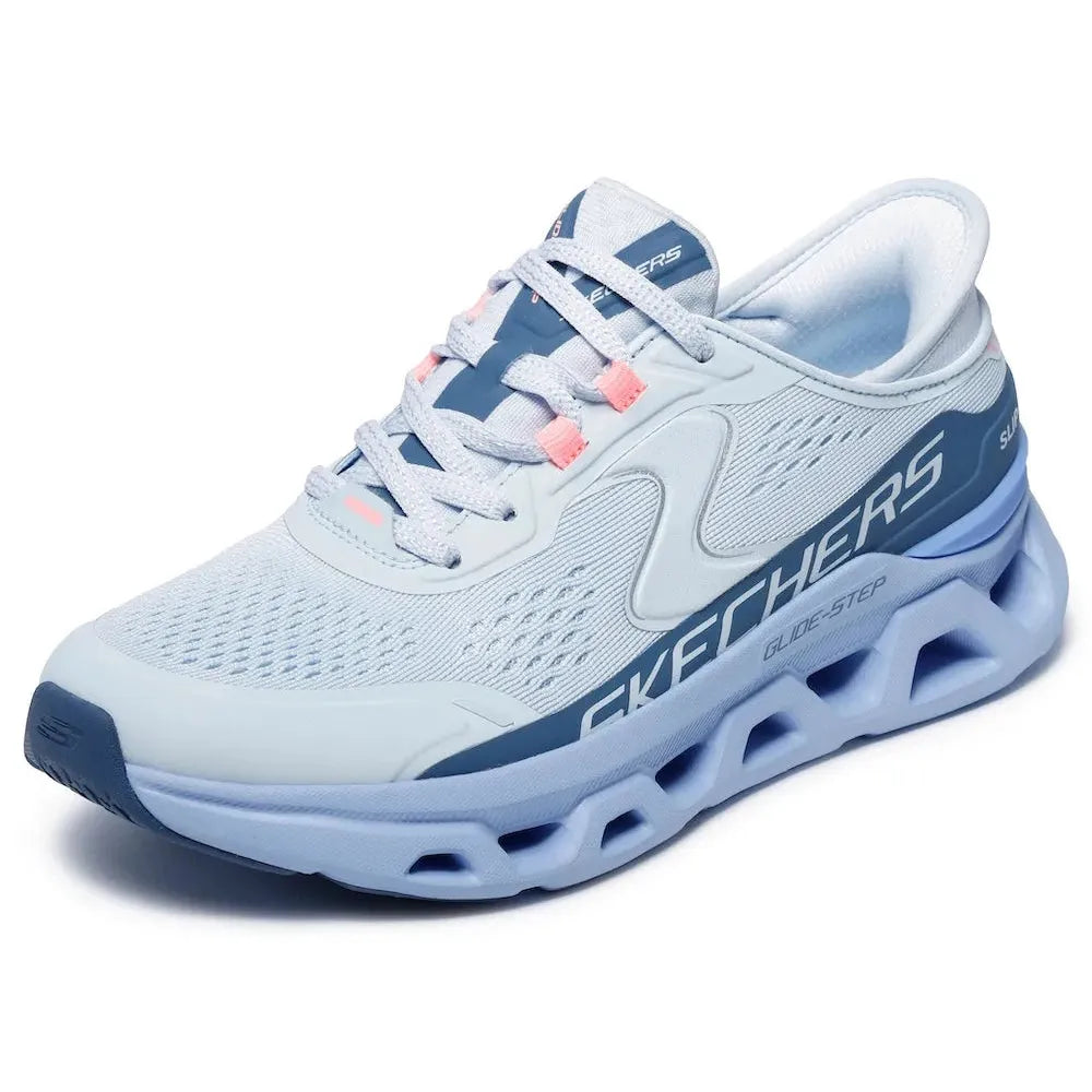 Skechers Glide Step Atlus women's light blue vegan lace-up trainers with breathable textile upper and innovative sole design.
