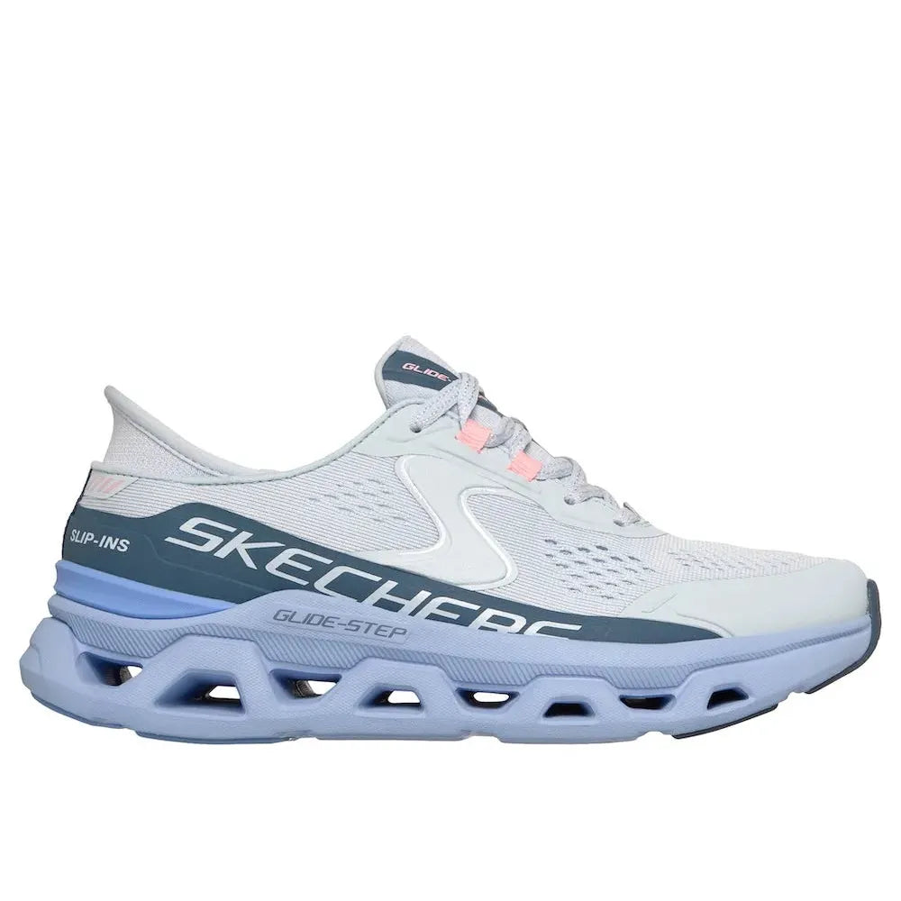 Skechers Glide Step Atlus women's light blue vegan running shoes with mesh uppers, lace-up design, and cushioned sole.