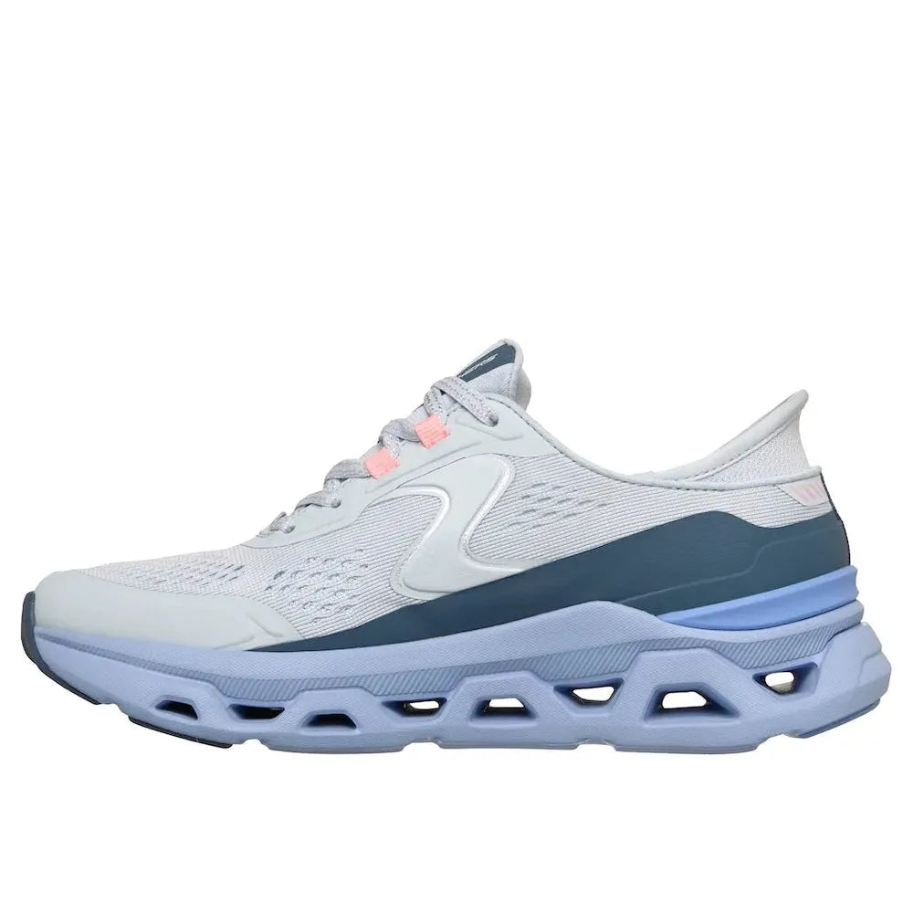 Skechers Glide Step Atlus women's light blue vegan textile lace-up trainers with cushioned sole and sporty design.